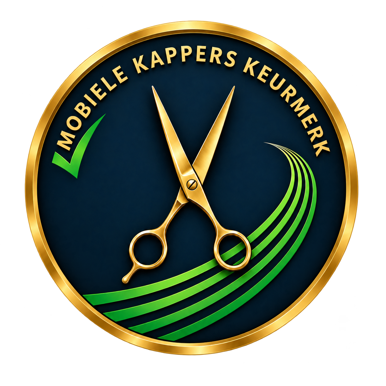 Mobiele Kappers Keurmerk met gouden schaar, groen vinkje en wegstrepen